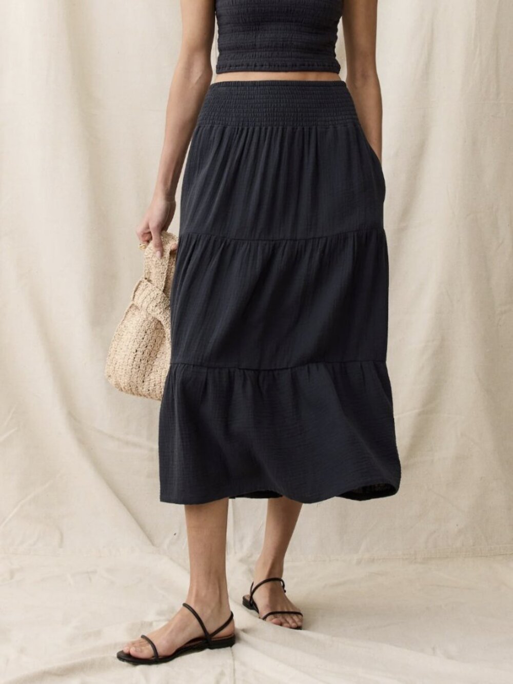 Marine Layer Corinne Double Cloth Maxi Skirt Cotton Gauze Crinkle Tiered Gray